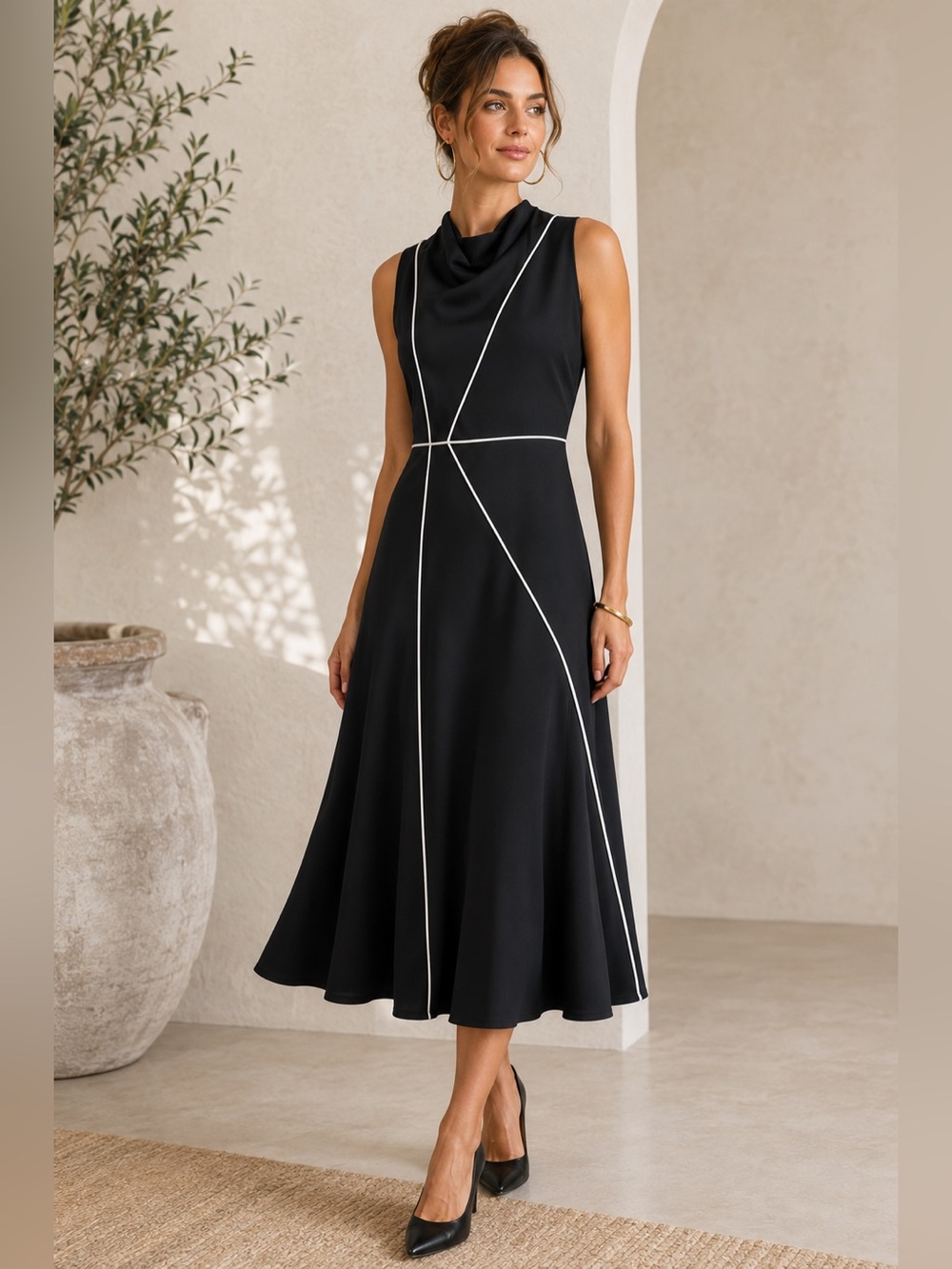 NWT KARL LAGERFELD Black White Business Career Piped-Trim Fit and Flare Dress 16